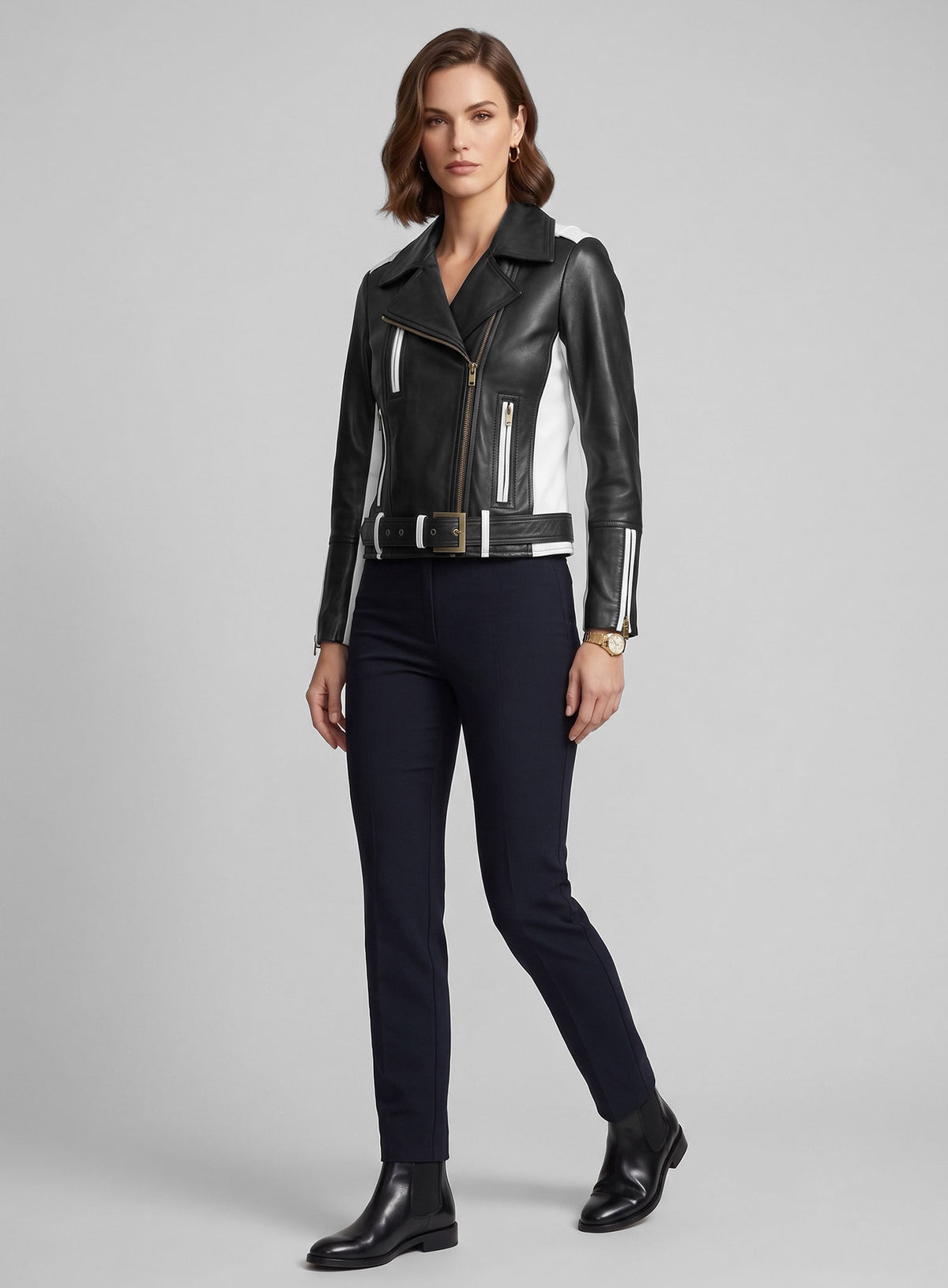 Full-length view of woman in a black and white leather biker jacket