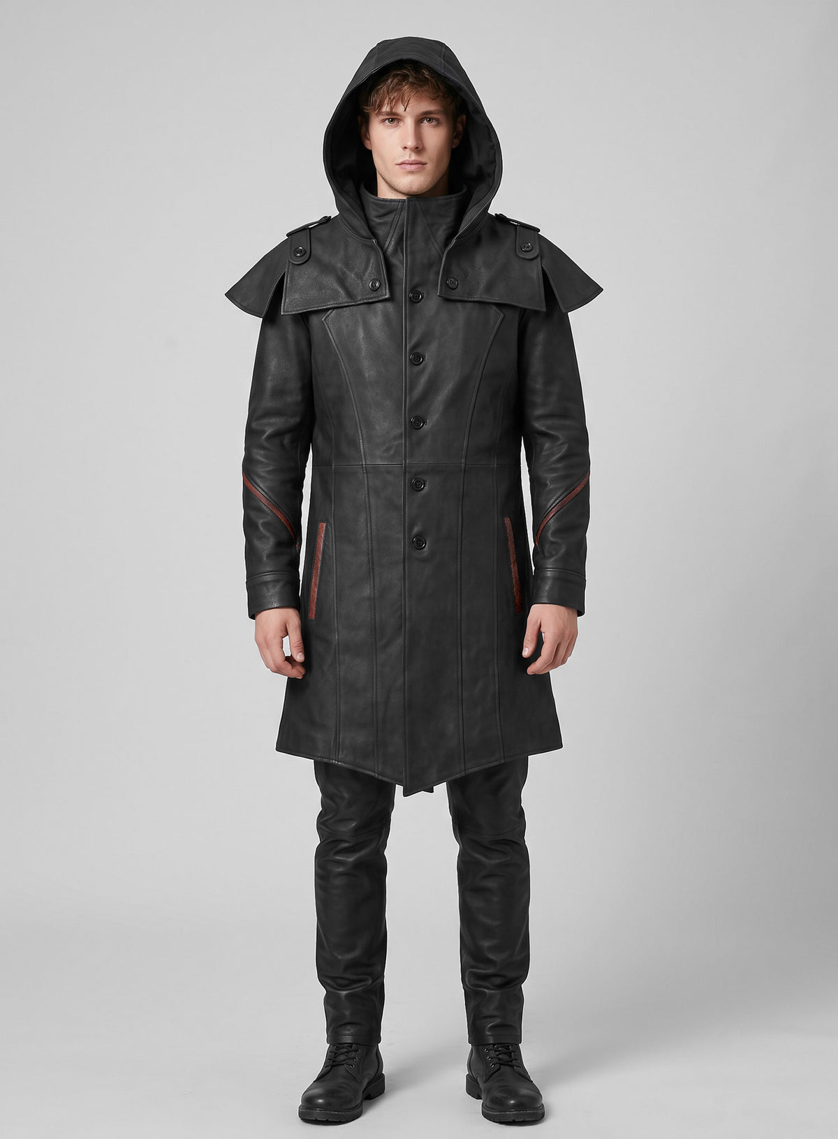 Black Sentinel Hooded Leather Long Coat