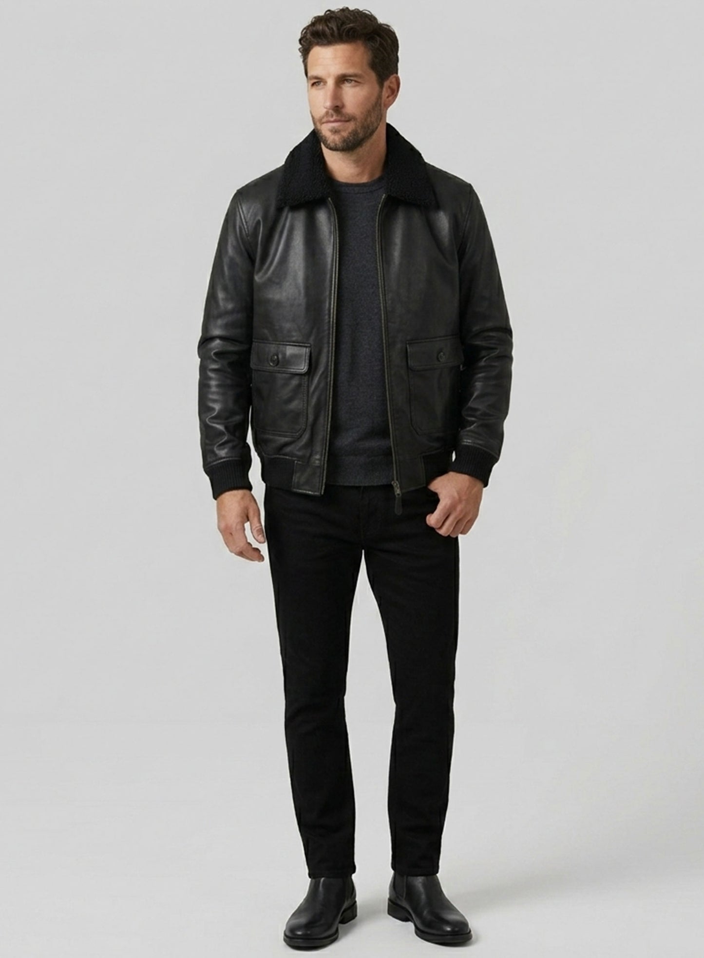 Black Pilot Aviator Leather Jacket