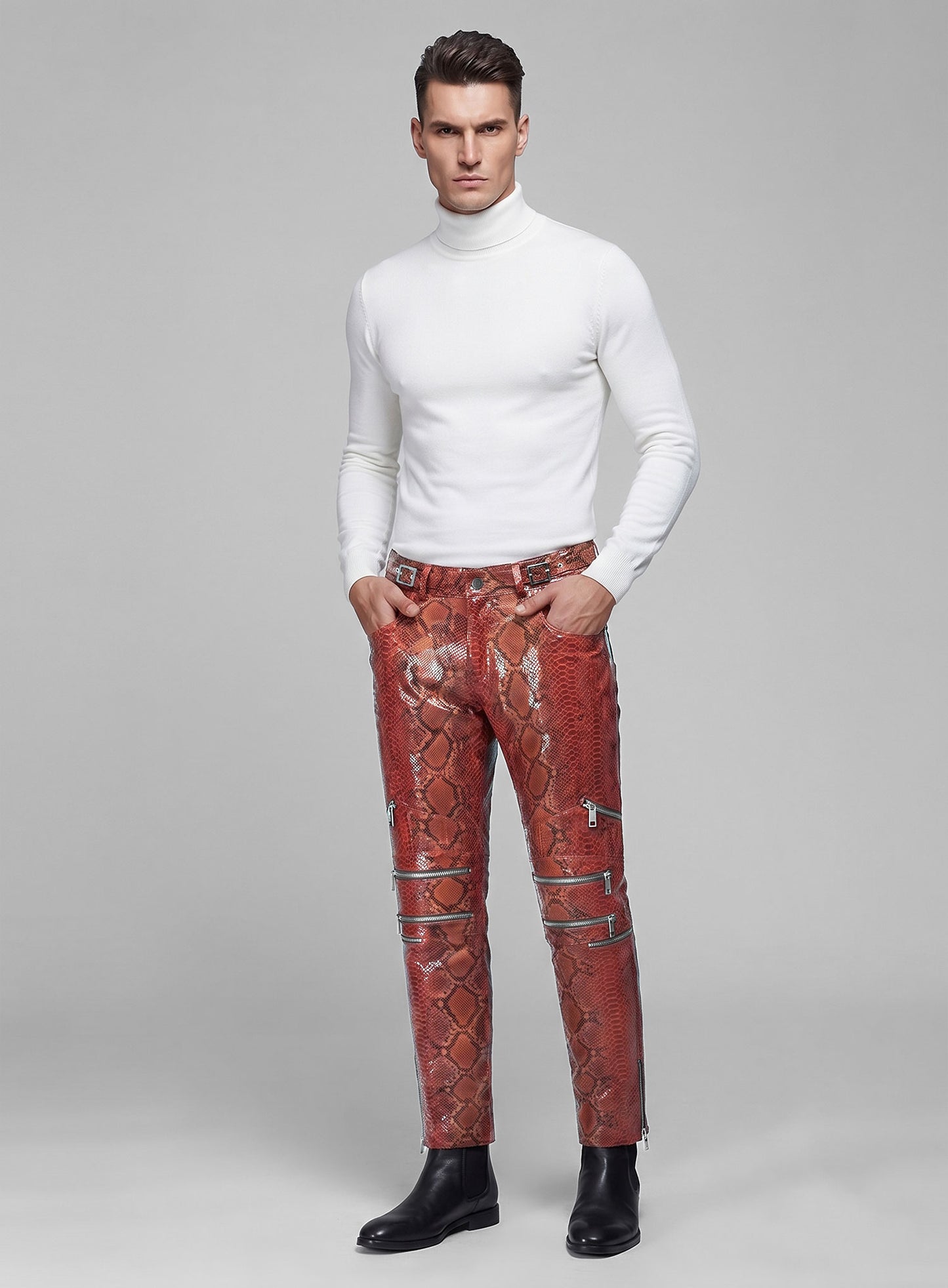 Bold Red Python Electric Zipper Mono Leather Pants
