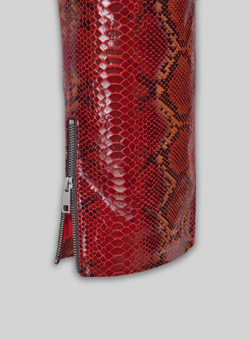 Bold Red Python Electric Zipper Mono Leather Pants