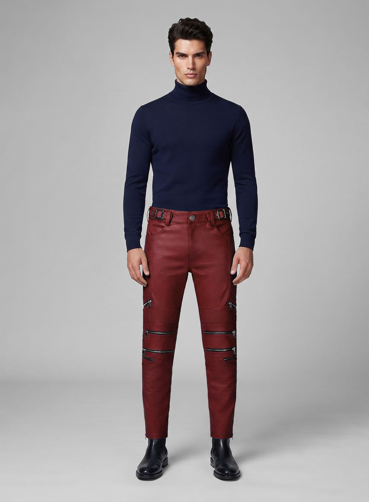 Cherry Red Electric Zipper Mono Leather Pants