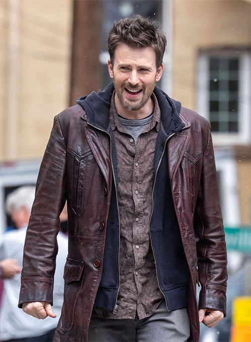 Chris Evans Red One Leather Trench Coat - LeatherCult