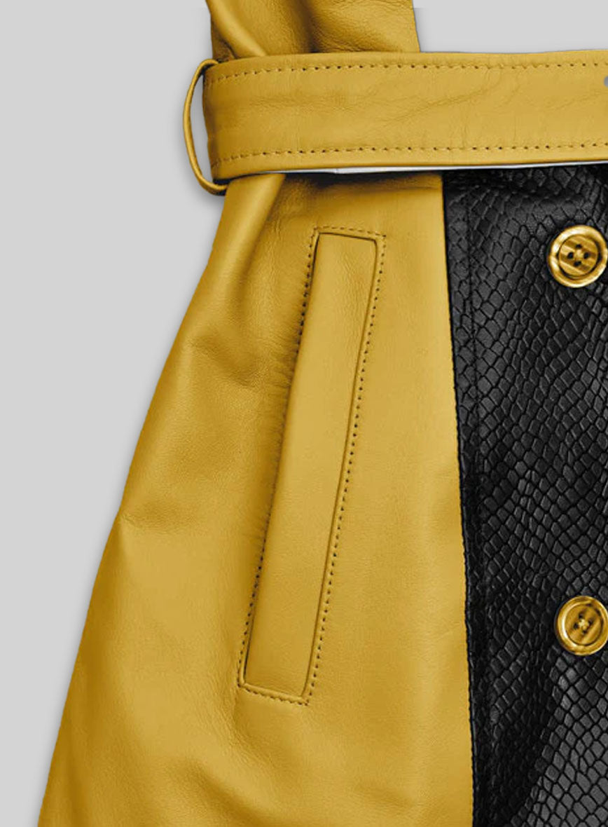 Yellow Color Contrast Leather Trench Coat