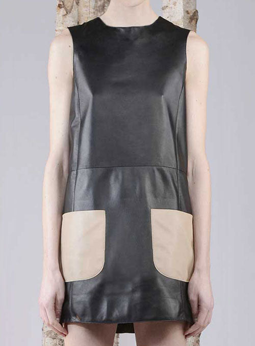 Contrast Patch Pocket Leather Dress - # 770 - LeatherCult
