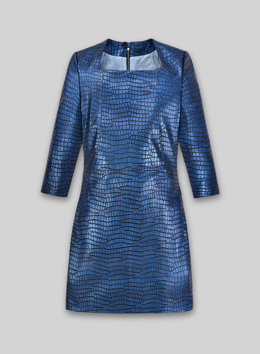 Croc Metallic Blue Cacoon Leather Dress - # 757