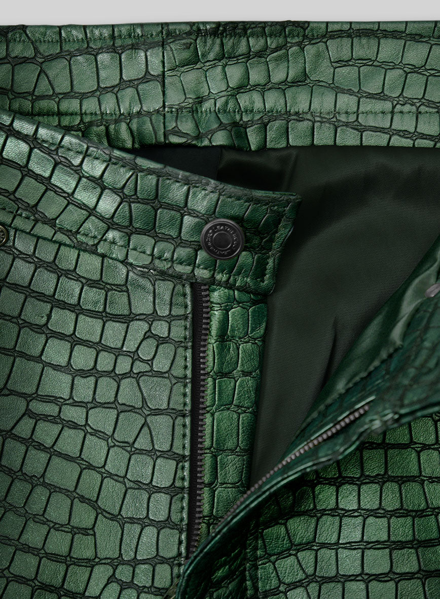 Croc Metallic Green Tiered Fringes Leather Pants