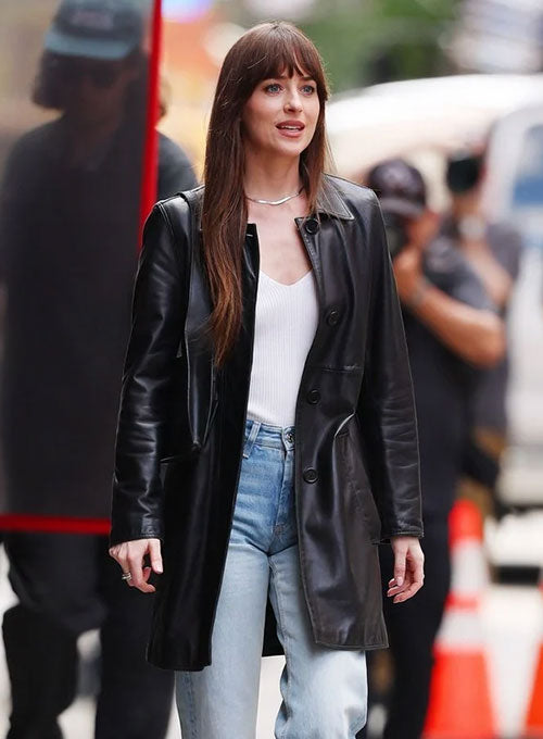 Dakota Johnson Materialists Leather Long Coat - LeatherCult