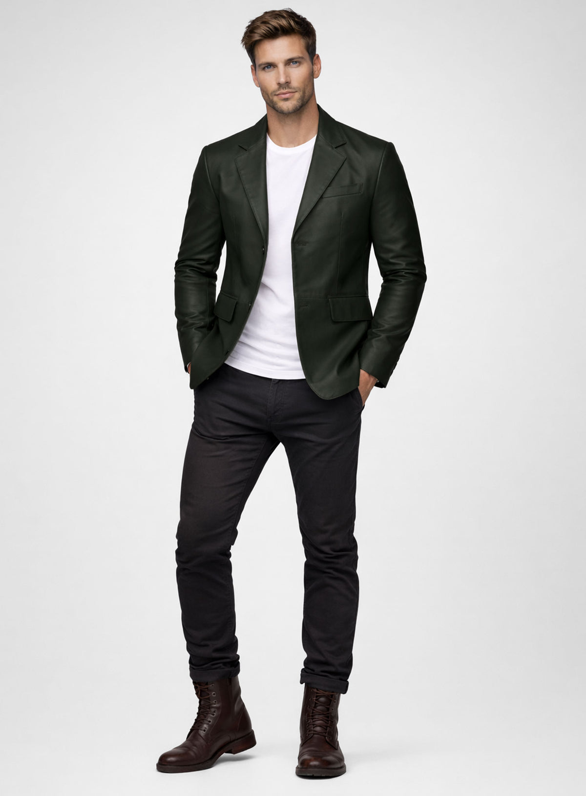Deep Olive Lambskin Leather Blazer