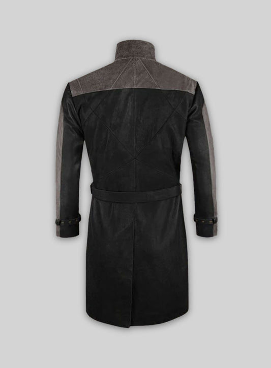 Distressed Black Aiden Pearce Watch Dog Leather Trench Coat
