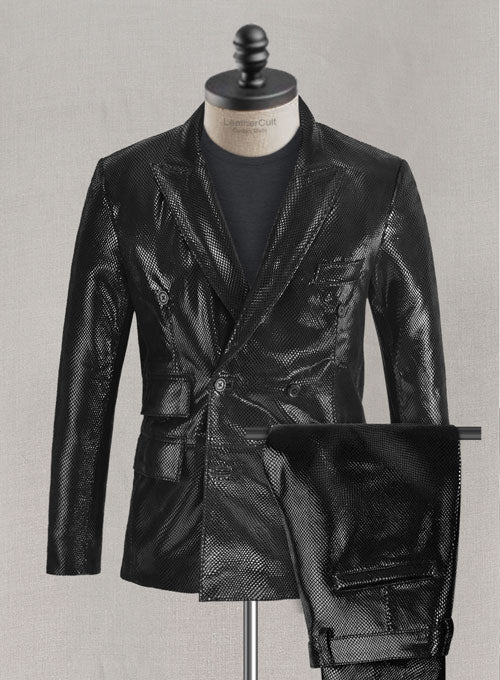 Snake Embossed Double Breasted Leather Suit - LeatherCult