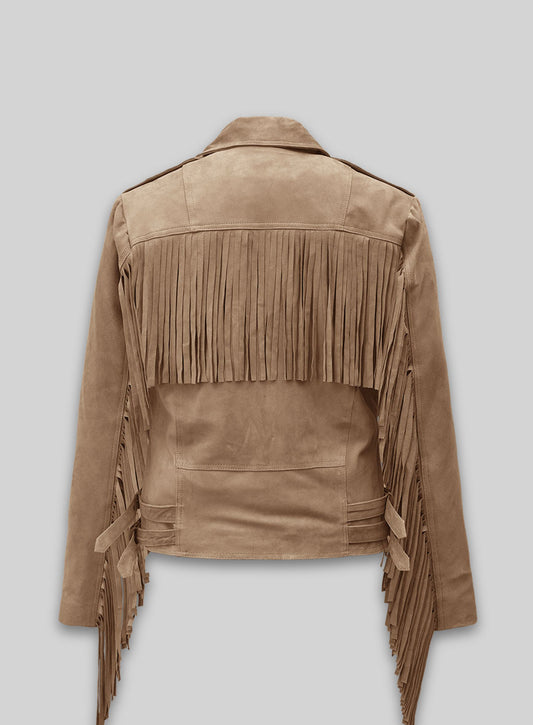 Dusty Beige Suede Leather Fringes Jacket #1008