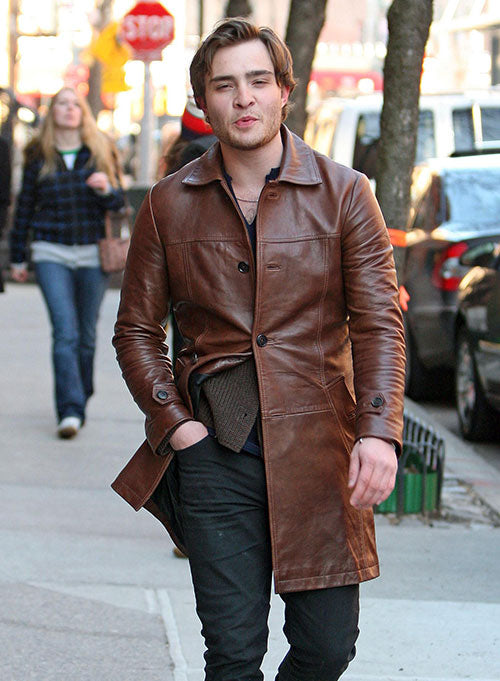 Ed Westwick Leather Trench Coat - LeatherCult