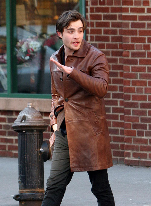 Ed Westwick Leather Trench Coat - LeatherCult