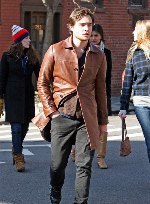 Ed Westwick Leather Trench Coat - LeatherCult