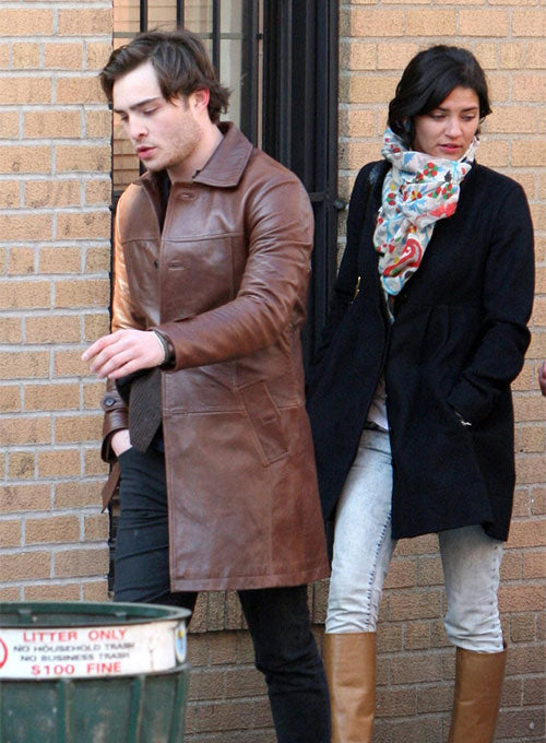 Ed Westwick Leather Trench Coat - LeatherCult