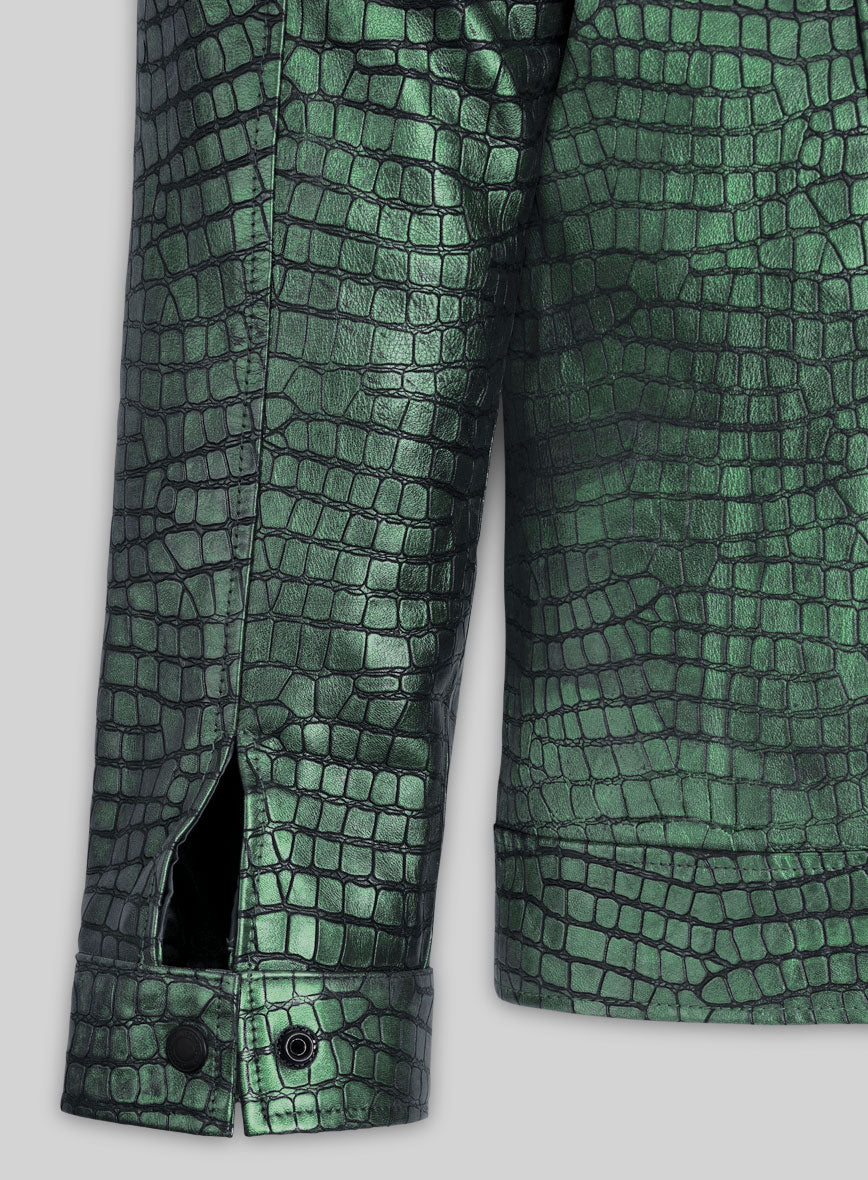 Gleaming Croc Metallic Green Leather Jacket