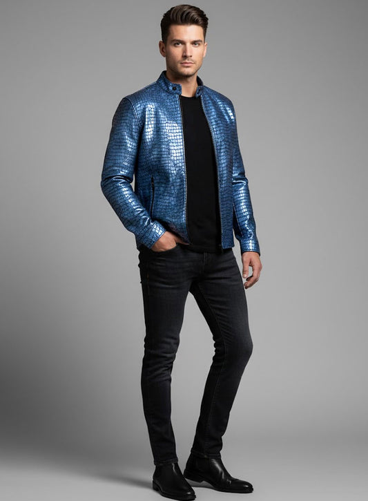 Gleaming Croc Metallic Blue Leather Jacket