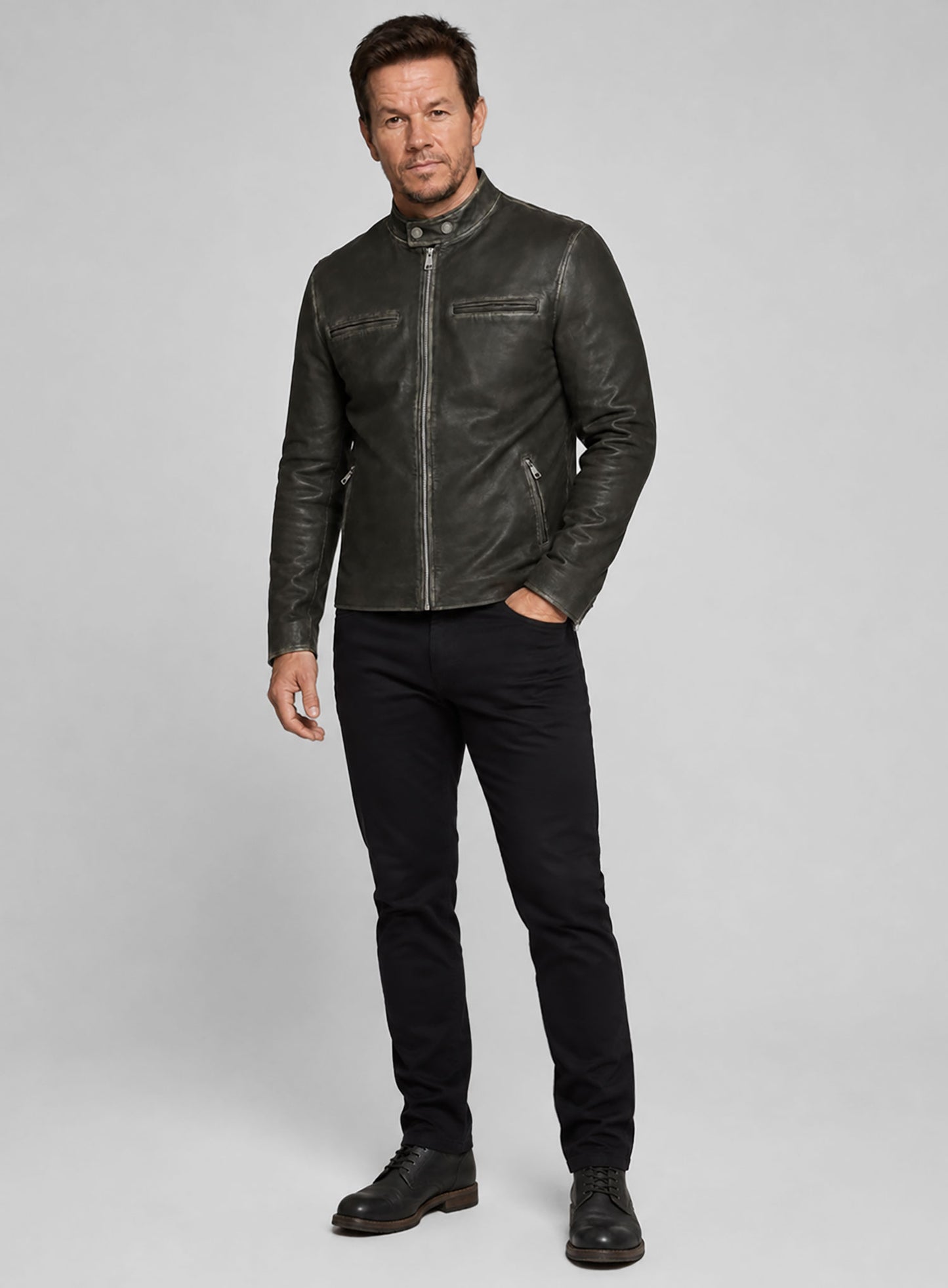 Rubbed Charcoal Mark Wahlberg Daddys Home Leather Jacket
