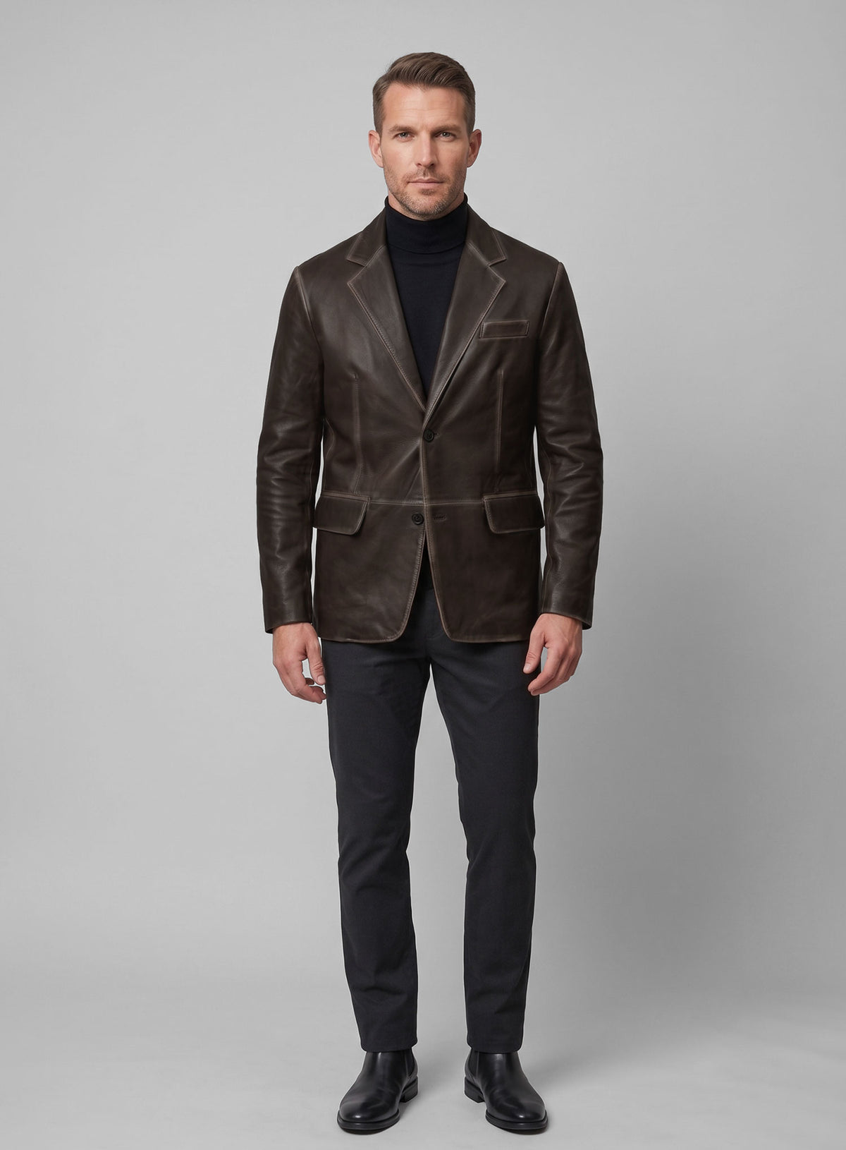 Rubbed Brown Leather Blazer