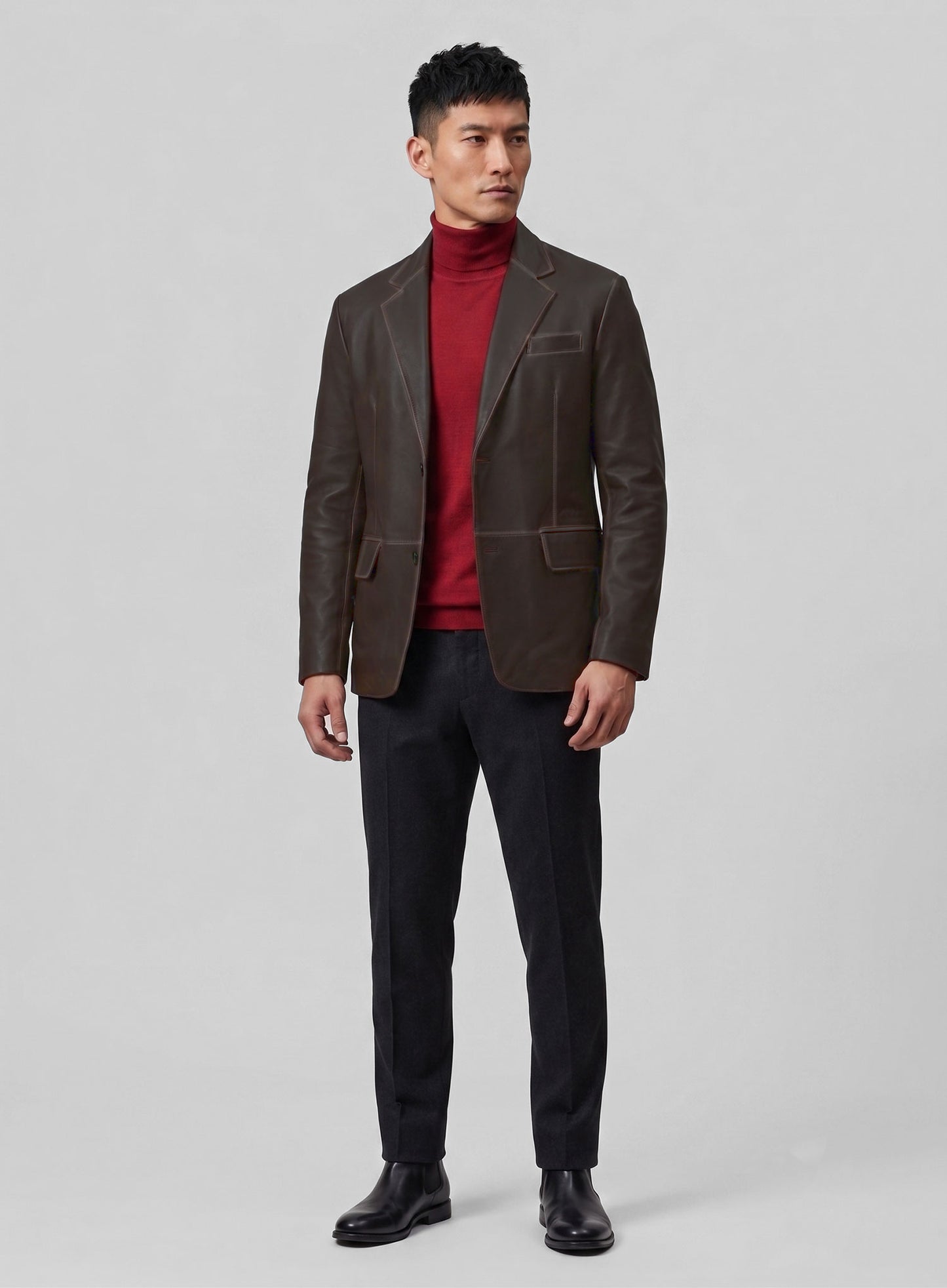 Rubbed Dark Brown Leather Blazer