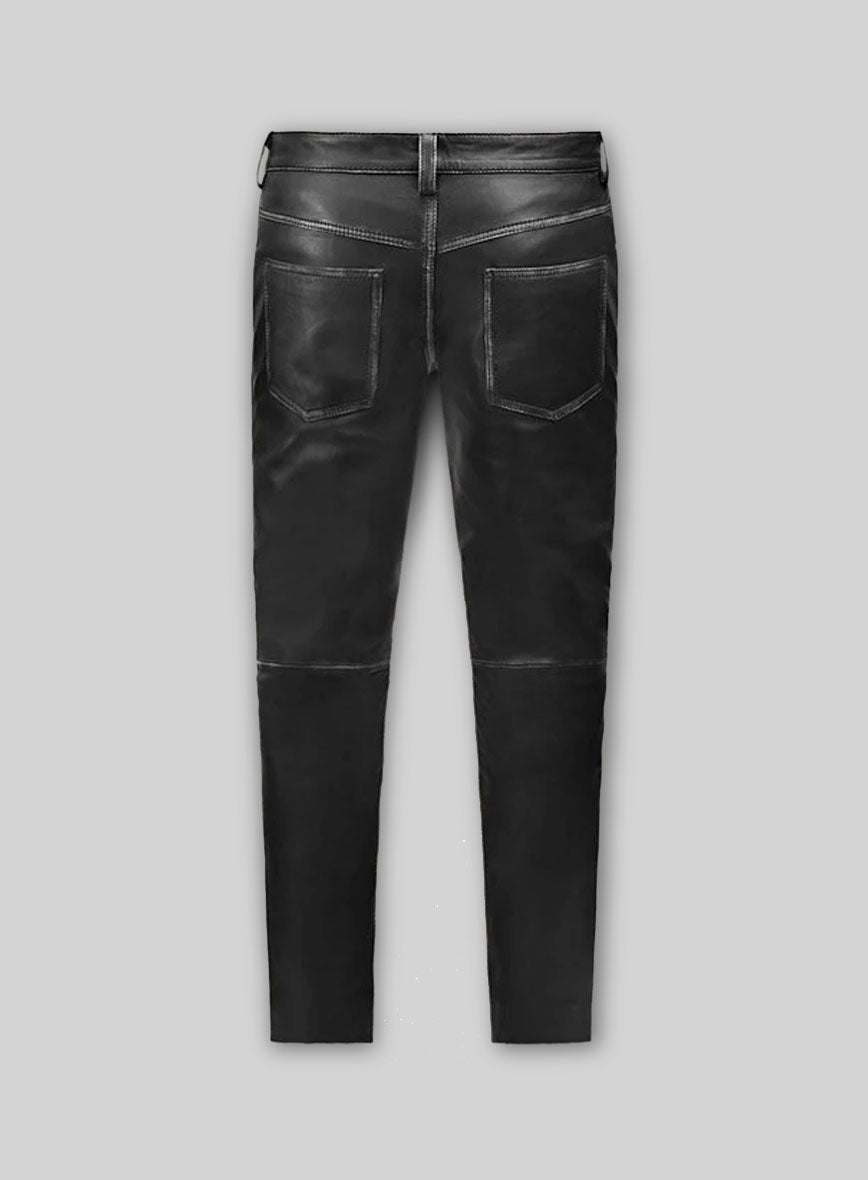 Rubbed Black Leather Jeans Style