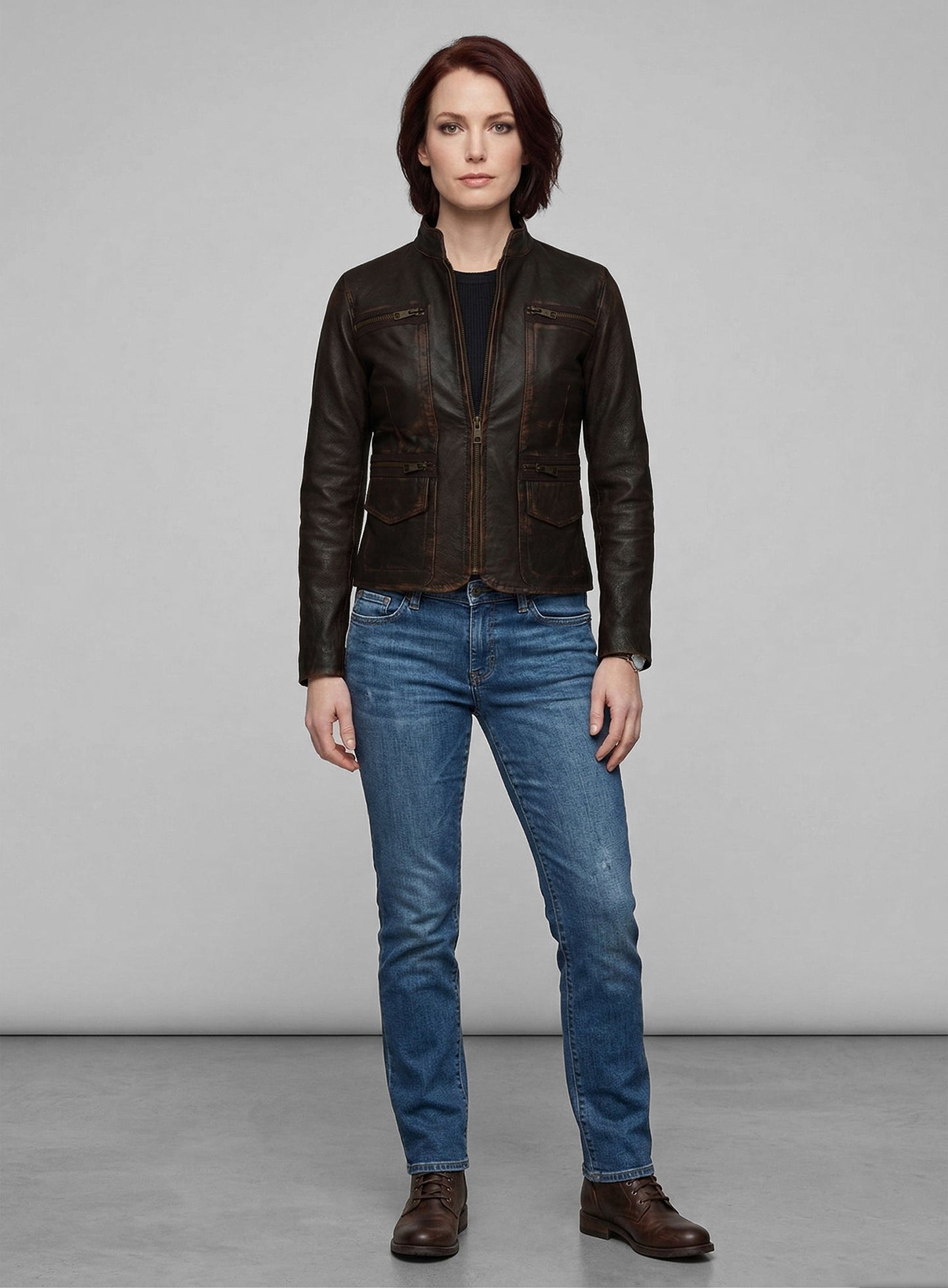 Rubbed Dark Brown Washed Alicia 88 Minutes Leather Jacket