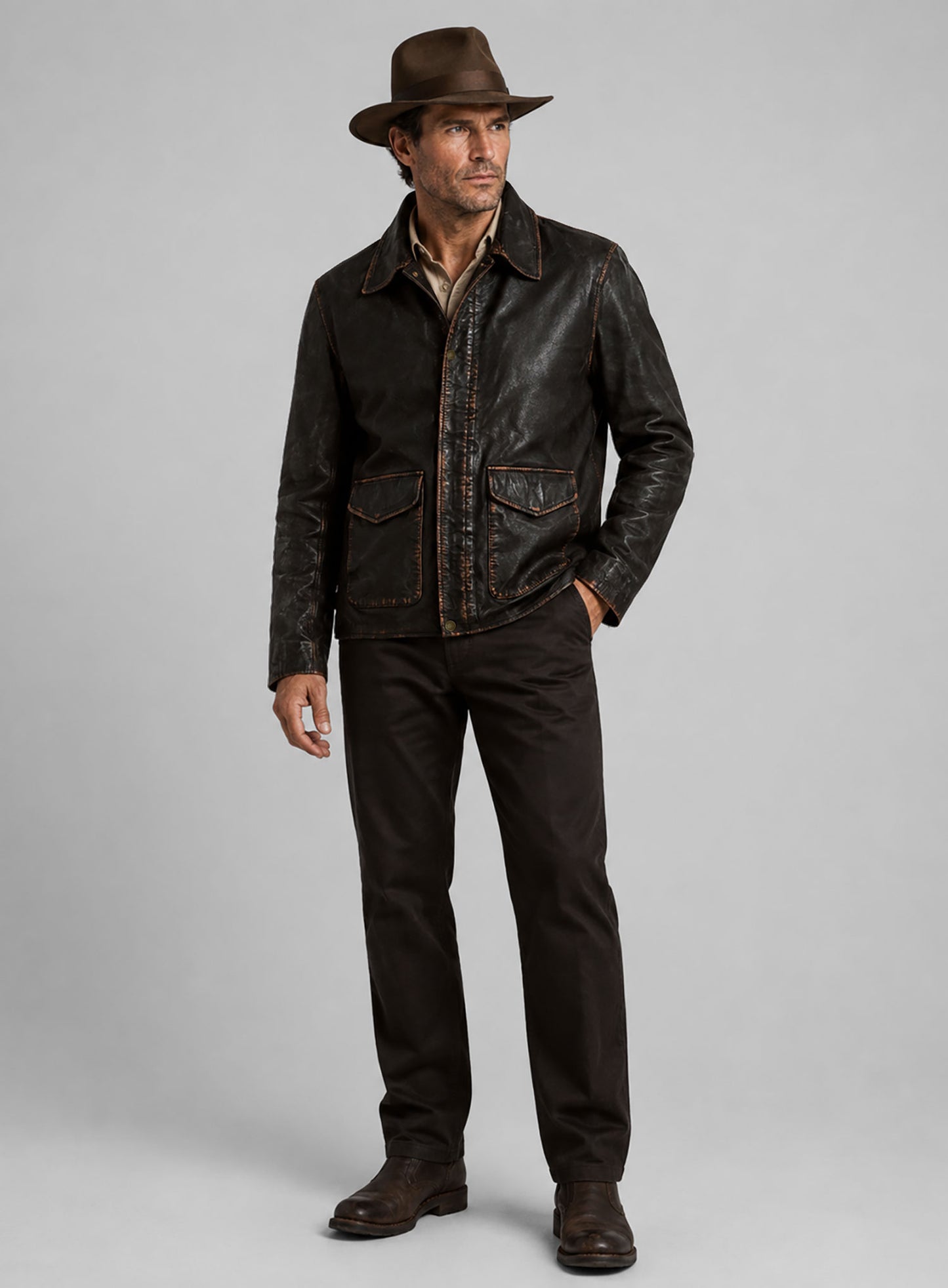Rubbed Dark Brown Washed Indiana Jones Leather Jacket