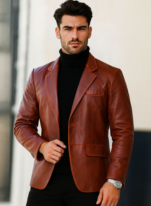 Rubbed Tan Brown Leather Blazer