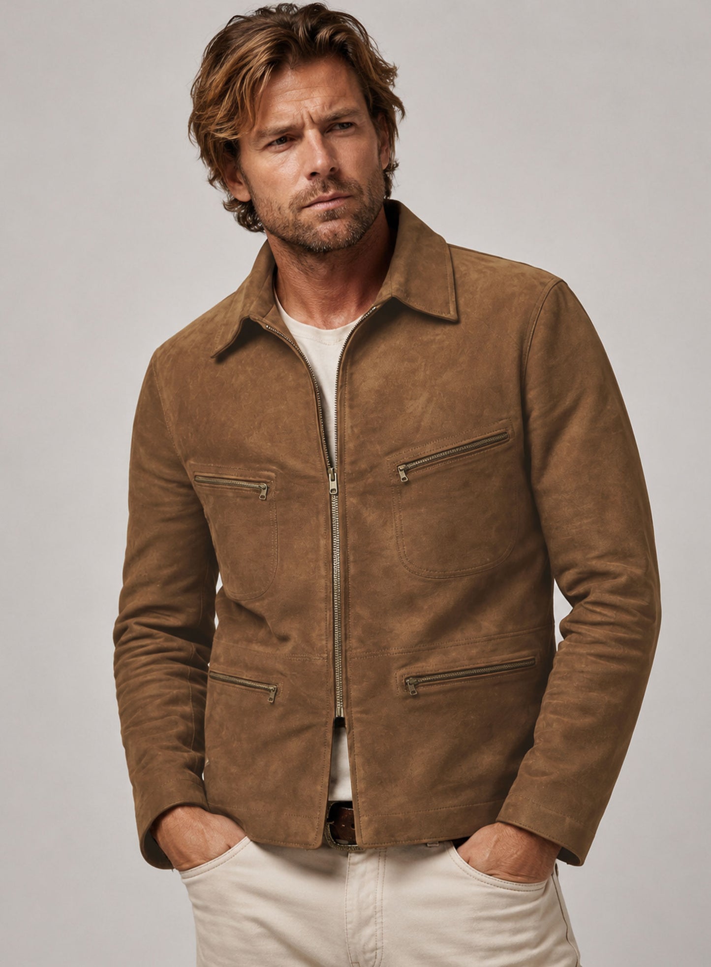 Saddle Brown Suede Brad Pitt The Adventures of Cliff Booth Leather Jacket #2