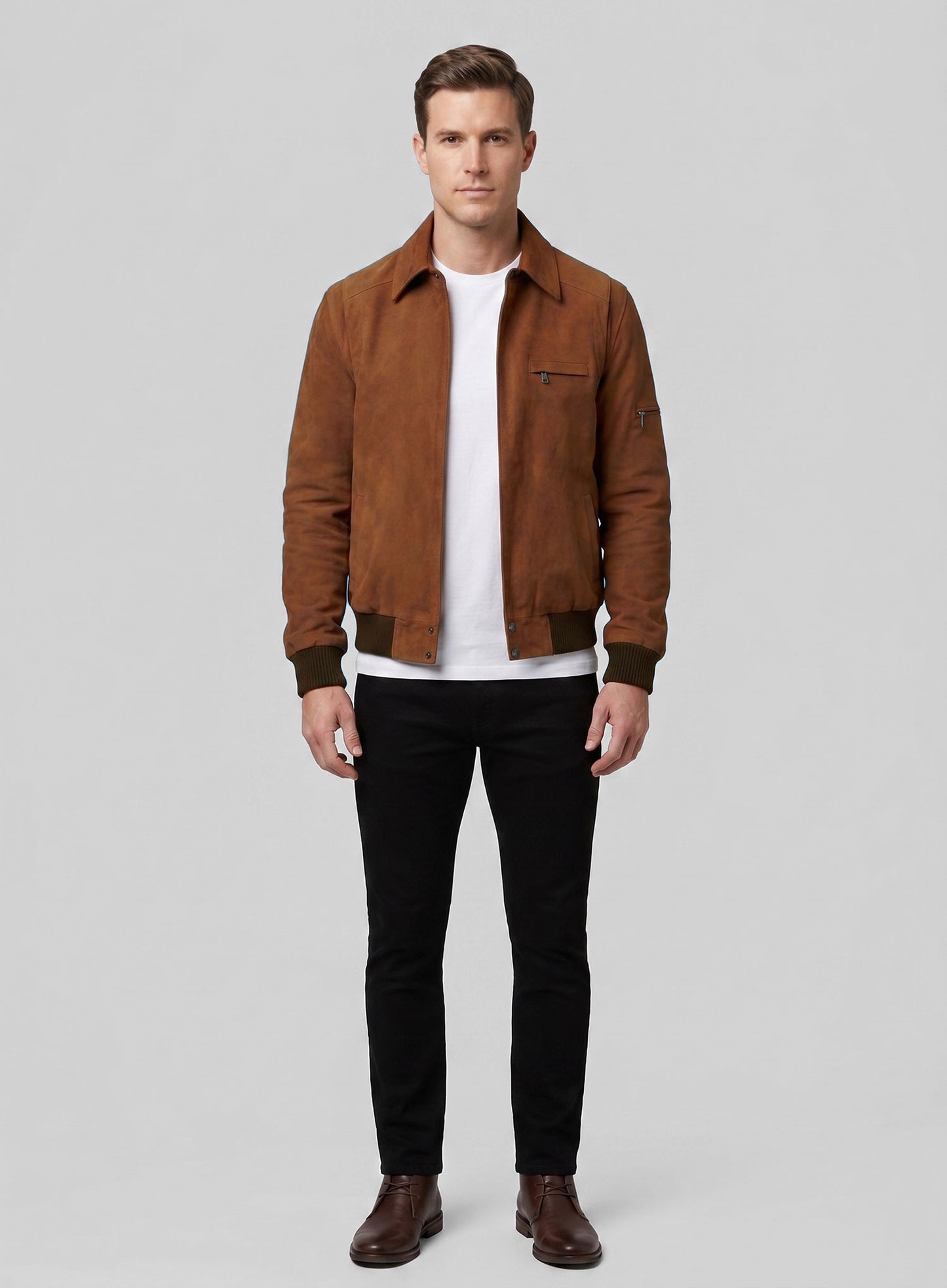 Soft Caramel Brown Suede Hunter Bomber Leather Jacket