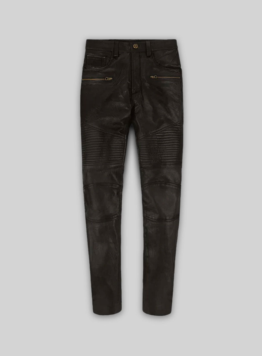 Soft Dark Brown Leather Biker Jeans #512