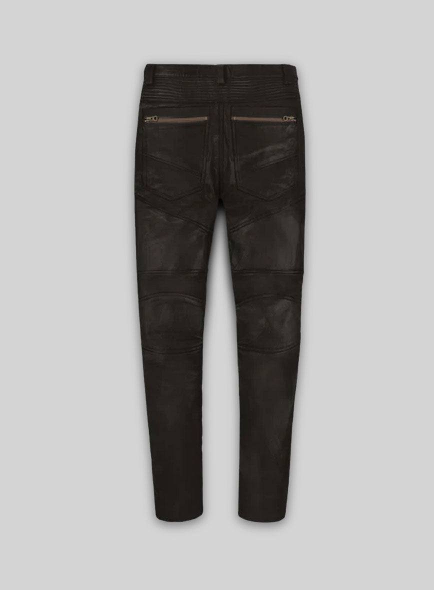 Soft Dark Brown Leather Biker Jeans #512