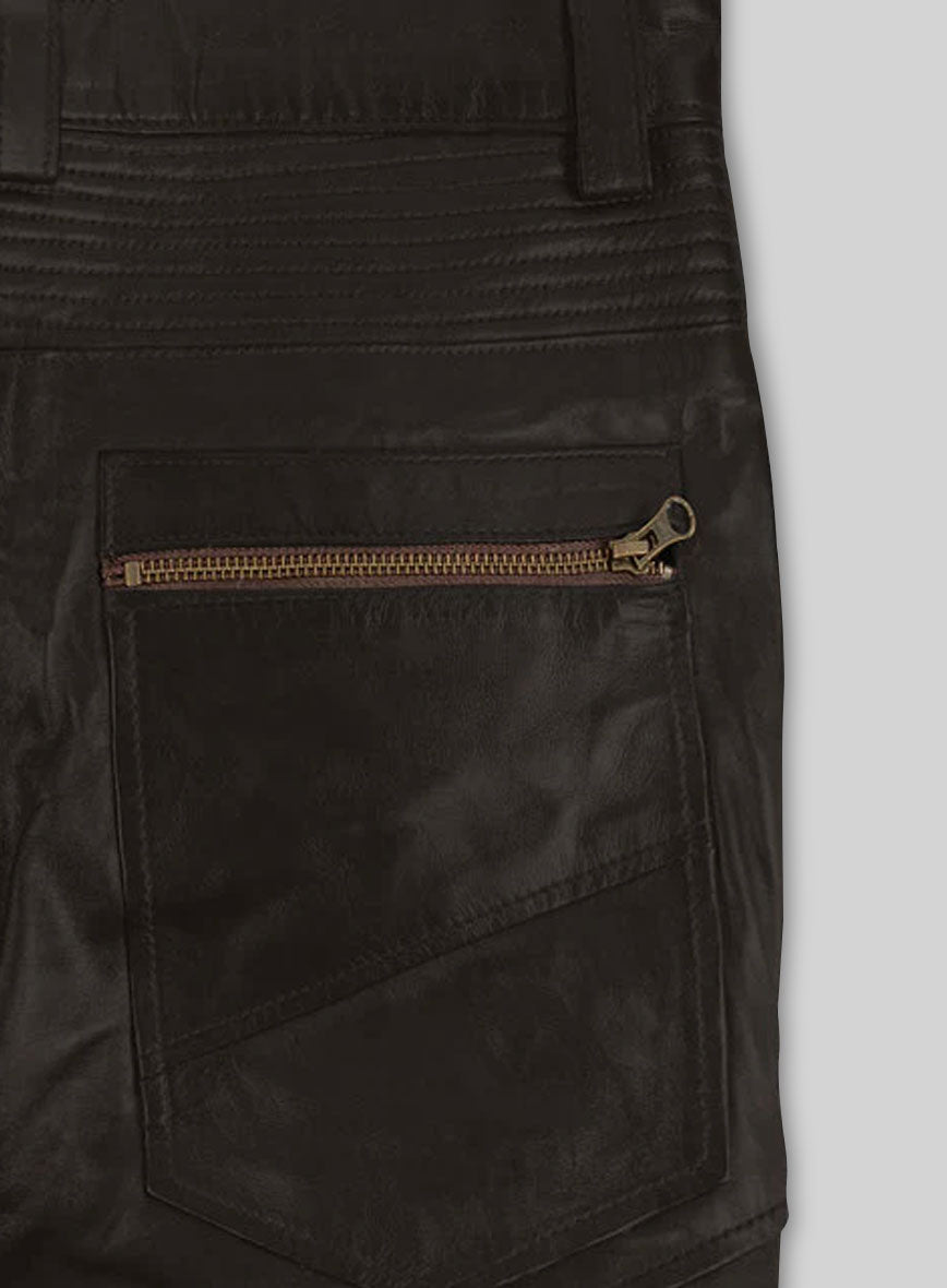Soft Dark Brown Leather Biker Jeans #512