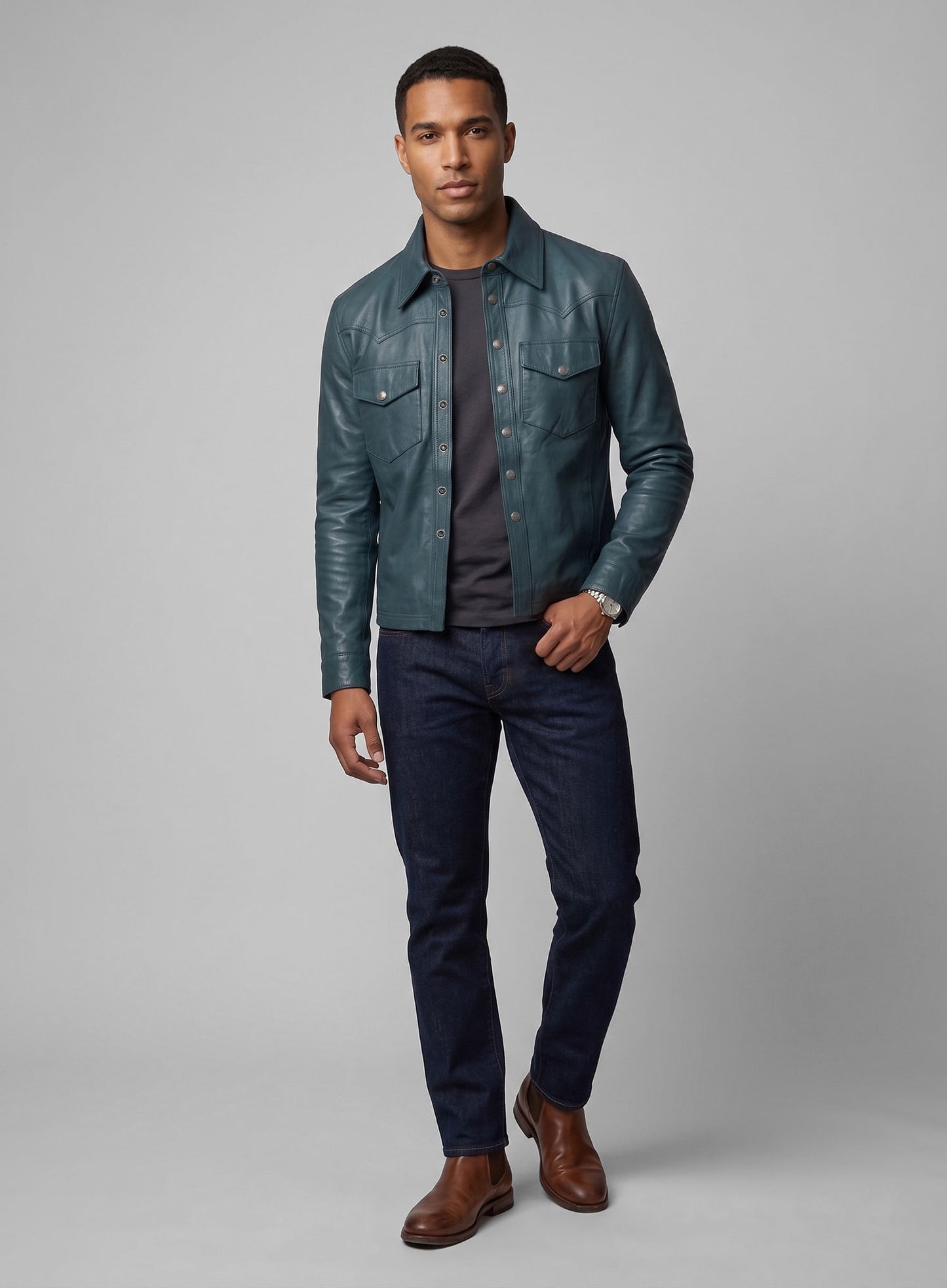 Soft Prussian Blue V Tab Leather Shirt Jacket