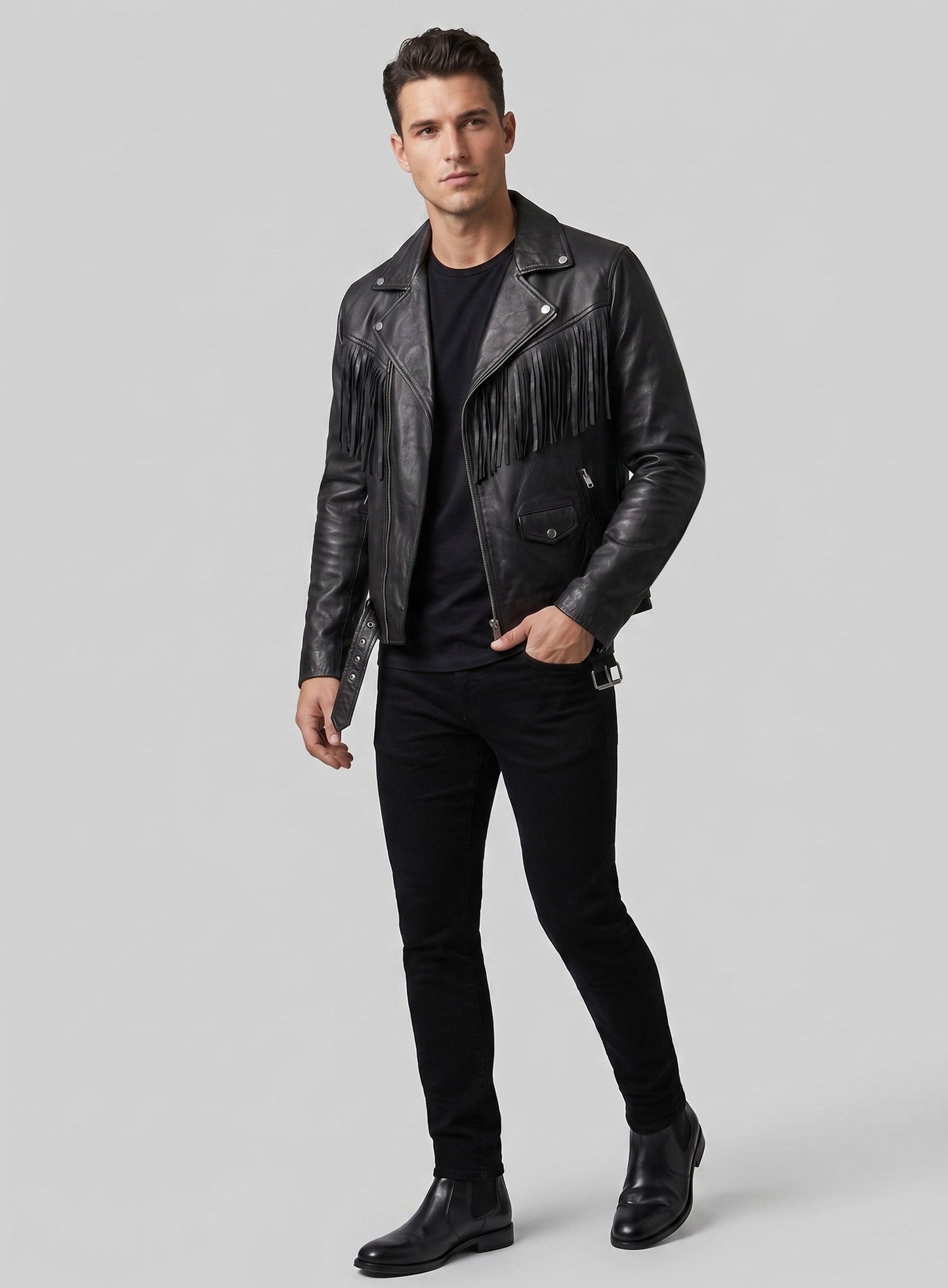 Soft Rich Black Washed & Wax Leather Fringe Jacket #1009