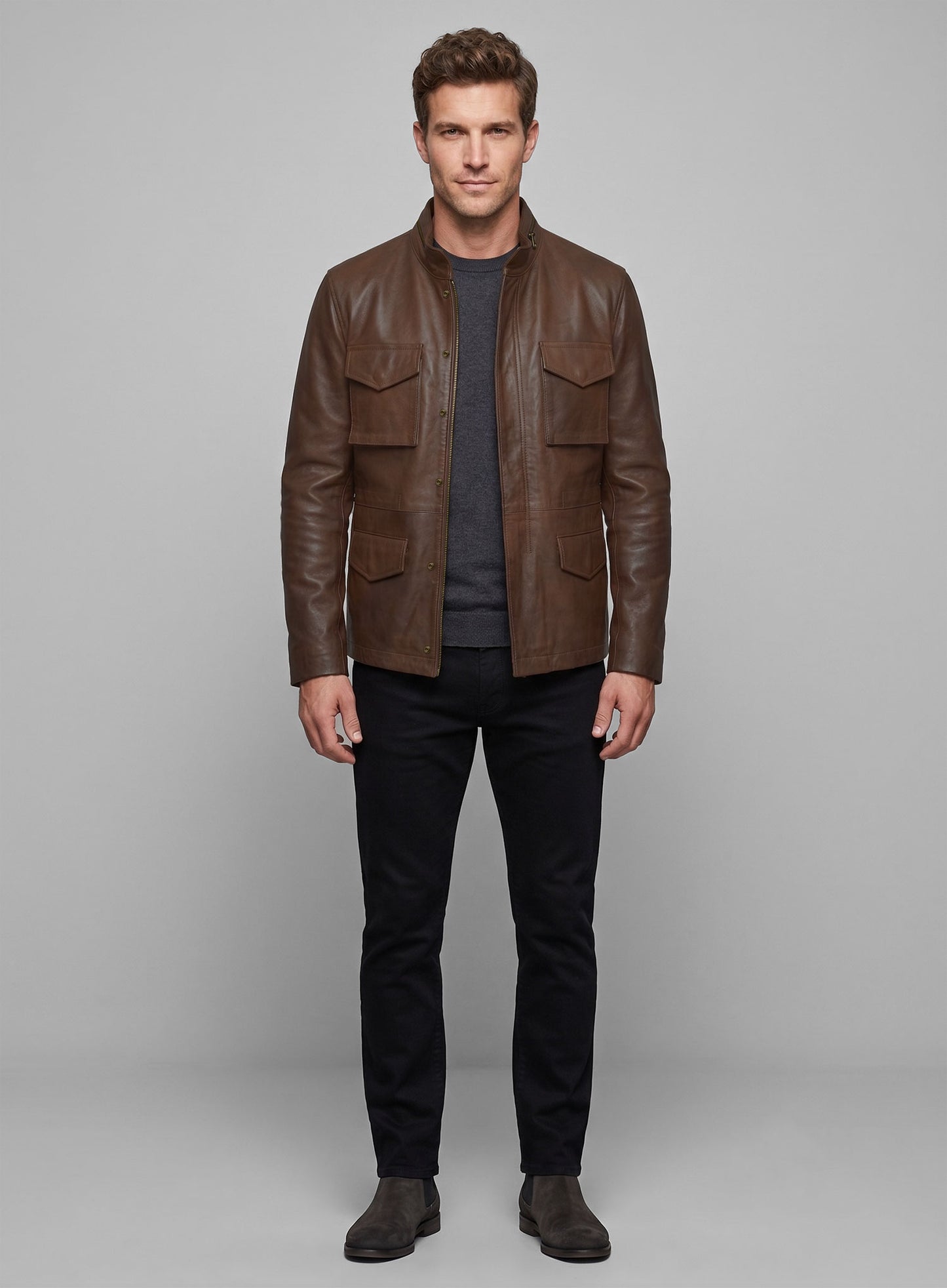Spanish Brown Military M-65 Leather Jacket