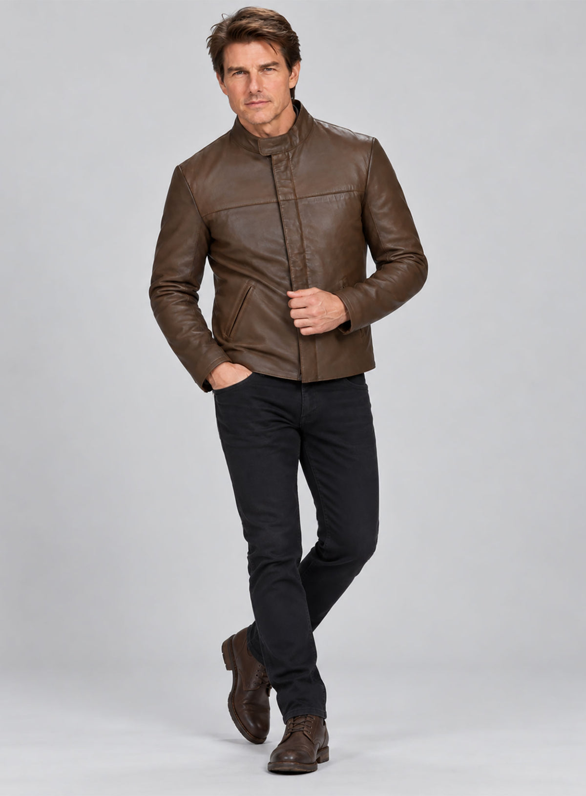Full-length view of a man wearing a brown leather jacket with stand collar and black jeans