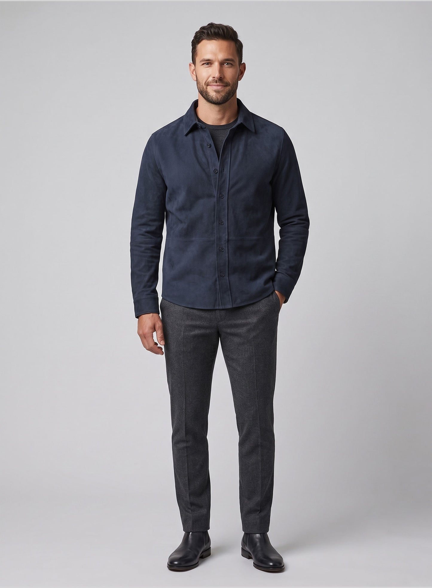 Unlined Dark Blue Suede Leather Shirt