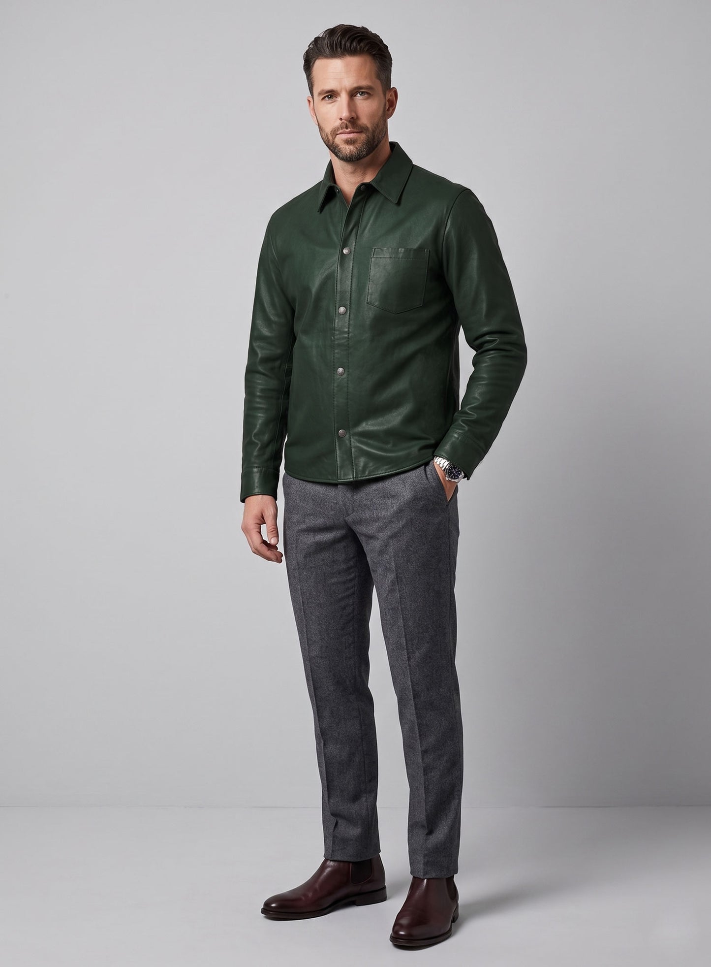 Unlined Soft Deep Olive Leather Shirt