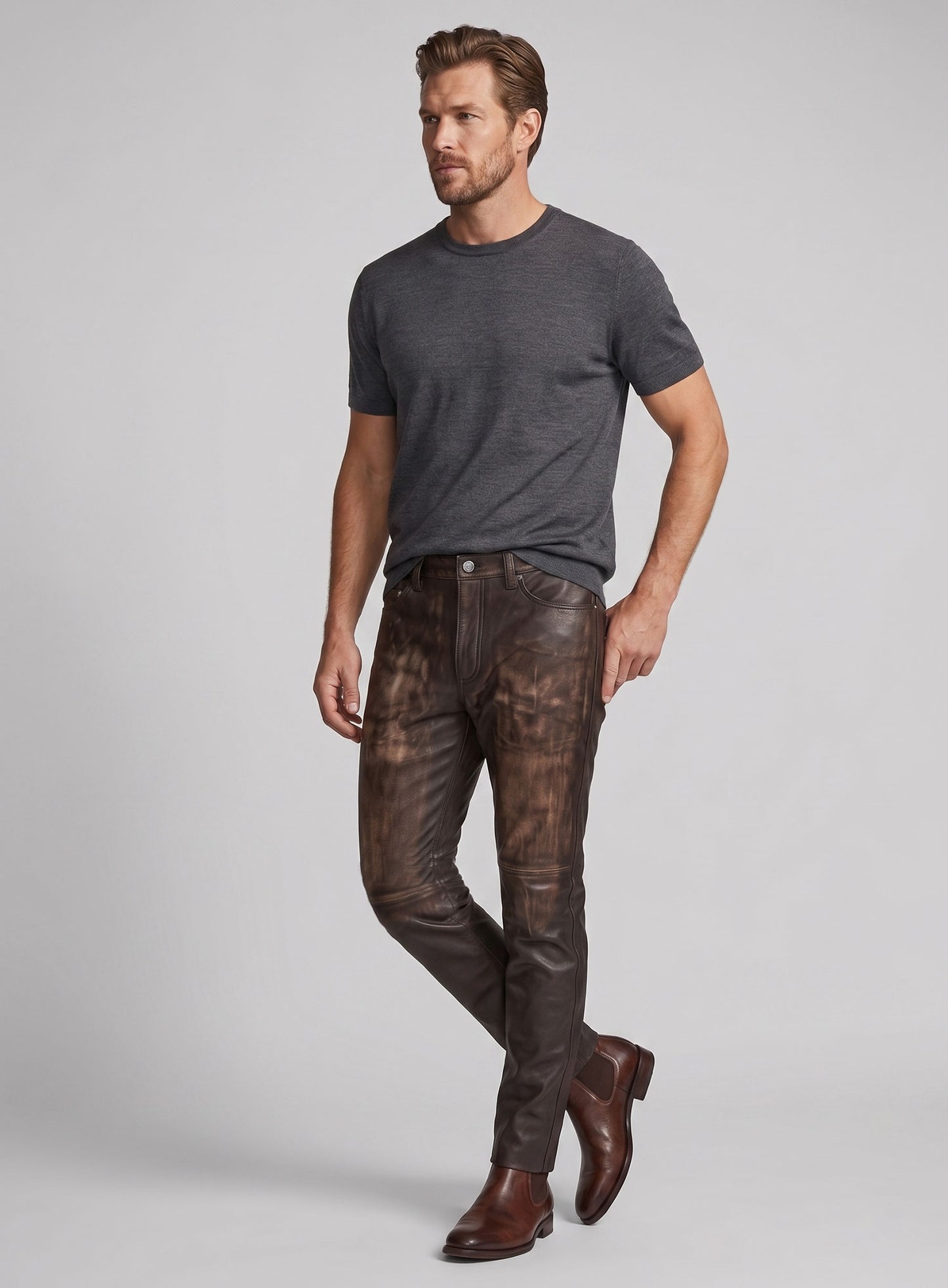 Vintage Distressed Rubbed Dark Brown Leather Jeans