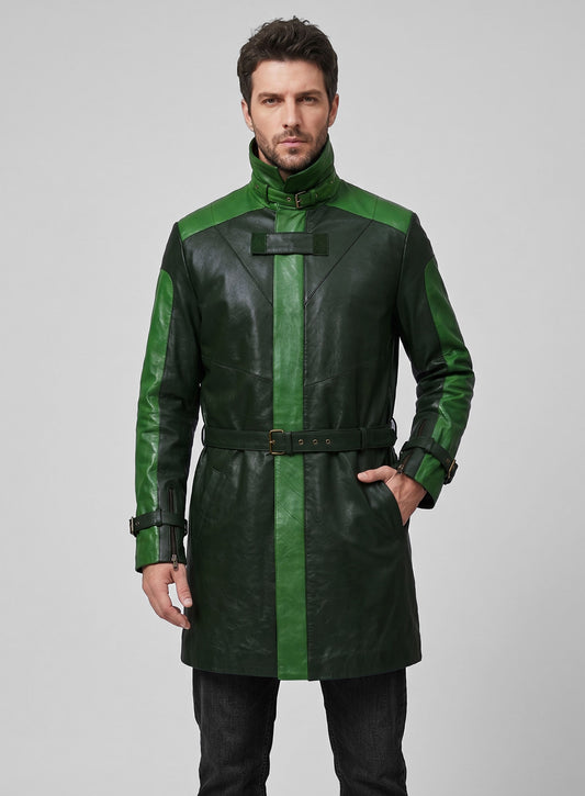 Vintage Green Aiden Pearce Watch Dog Leather Trench Coat