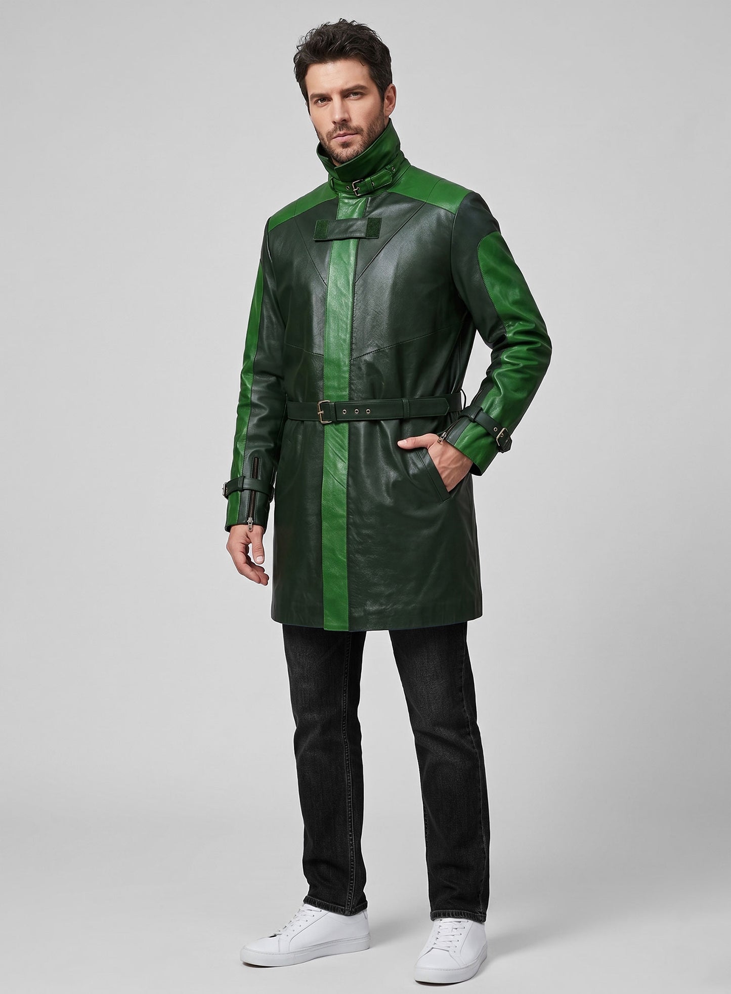 Vintage Green Aiden Pearce Watch Dog Leather Trench Coat