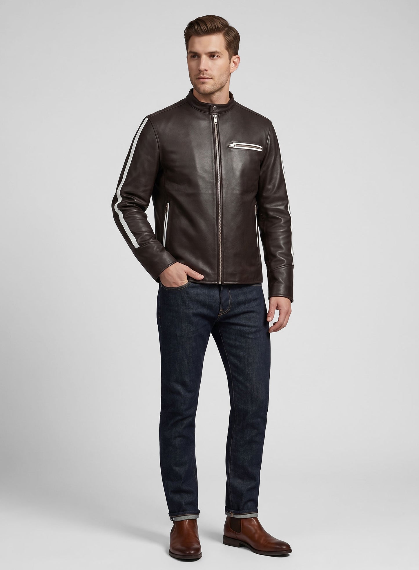 White Stripe Leather Jacket # 100