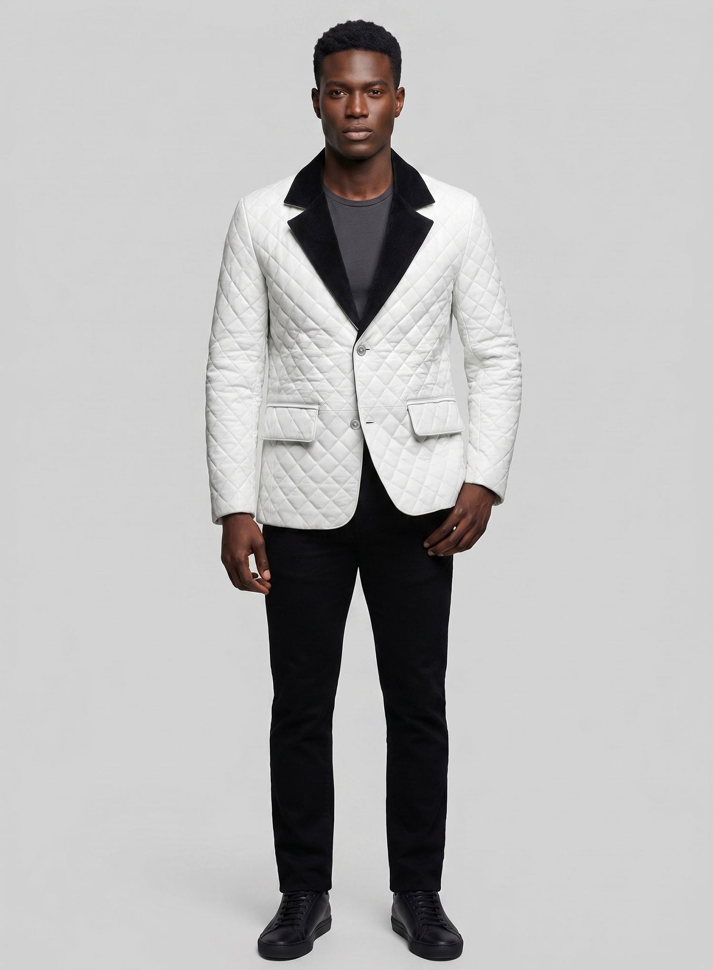 White Bocelli Tuxedo Quilted Leather Blazer