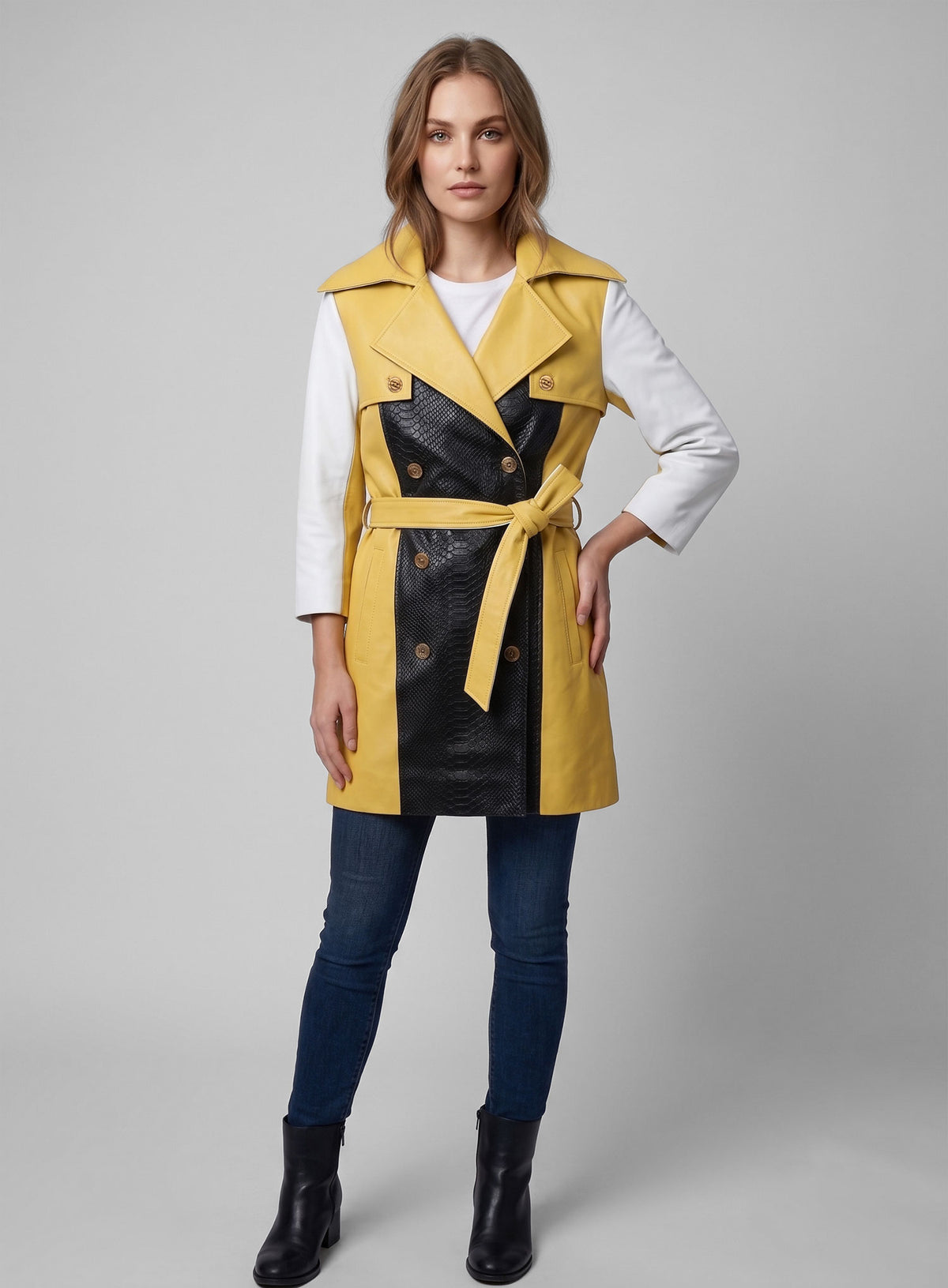 Yellow Color Contrast Leather Trench Coat