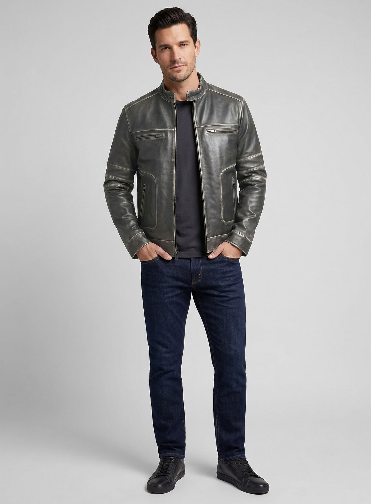 Zen Rubbed Charcoal Leather Jacket
