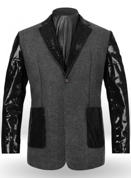 Vintage Plain Dark Gray Tweed Leather Combo Blazer # 652