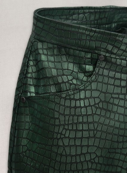 Croc Metallic Green Tiered Fringes Leather Pants (image for) Croc Metallic Green Tiered Fringes Leather Pants