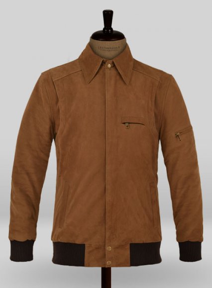 Soft Caramel Brown Suede Hunter Bomber Leather Jacket